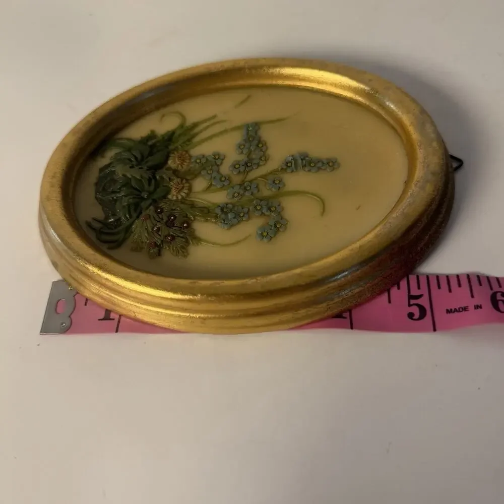 Vintage German Forget Me Not Floral Wall Plaque Oval Gold Frame 3D Relief Art